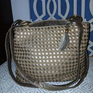 OKPTA Vintage Elegant Woven Tan Metallic Shoulder Bag